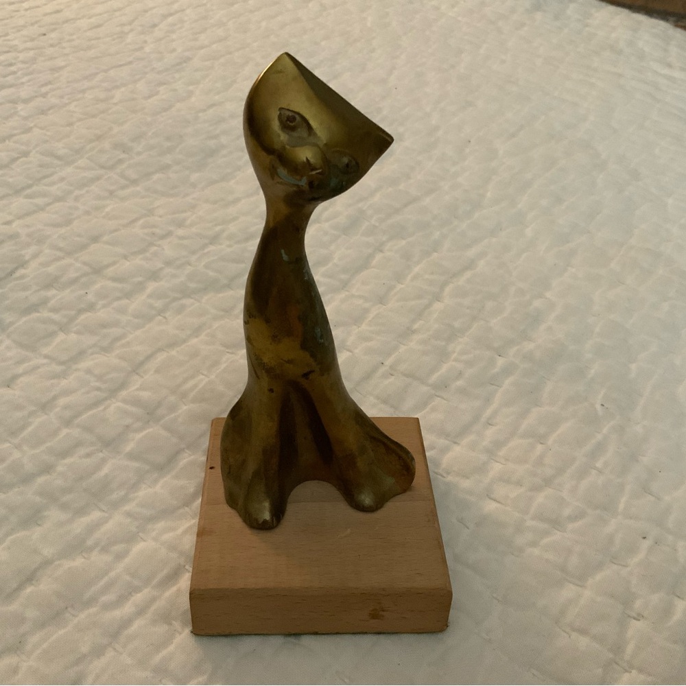 Vintage Patinaed Brass Cat Sculpture On Wood Base Statue Figurine 6.5”